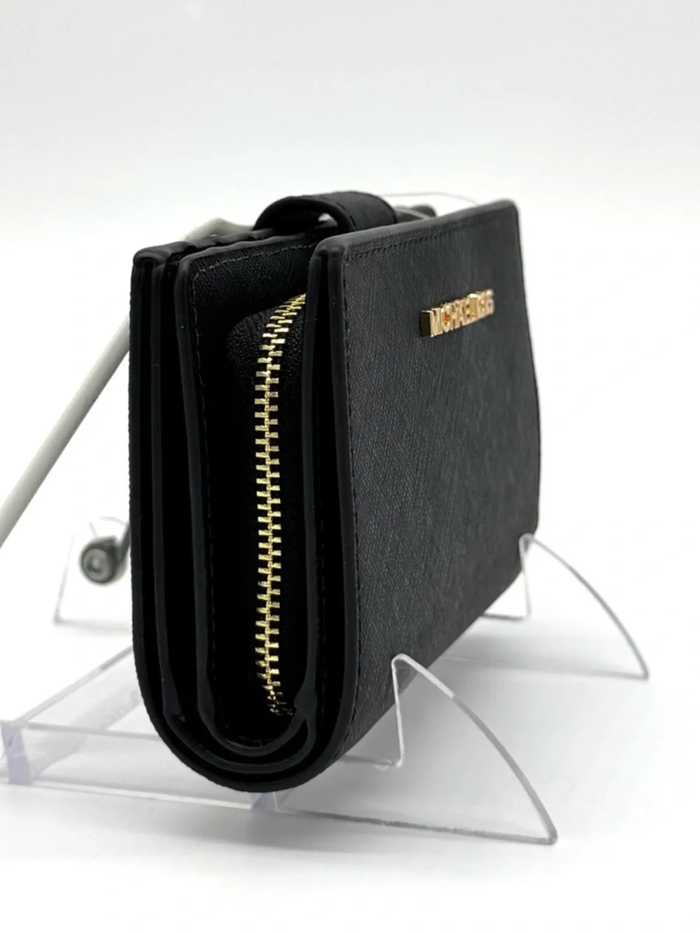 Michael Kors Medium Bifold Zip Chain Wallet Black/Gold
